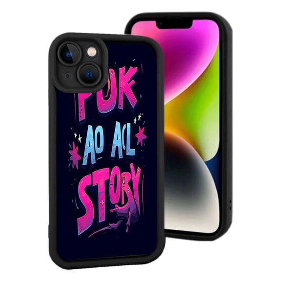 Vibrant Pink & Blue ' FUK AO AL STORY ' Design Lightweight Yellowing Resistant iPhone 15 Case with Black Border & Decorative Stars