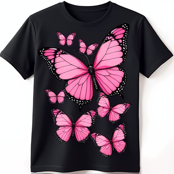 Vibrant Pink Butterflies Design on Black T-Shirt Stunning Graphic Tee