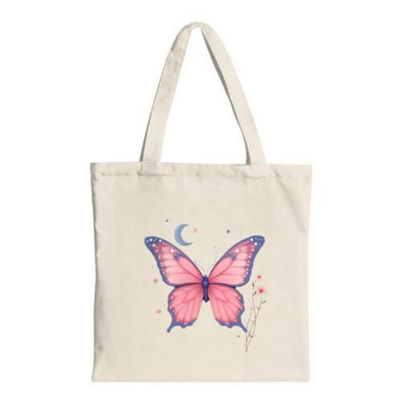 Vibrant Pink Butterfly Canvas Tote Bag with Stars - Whimsical Reusable Shopping Bag for Parties & Travel