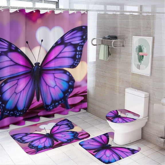 Vibrant Pink Butterfly on Hearts Shower Curtain Bathroom Sets Toilet Lid Rug, Bath Mat And Contour Mat, Shower Curtain 4Pcs