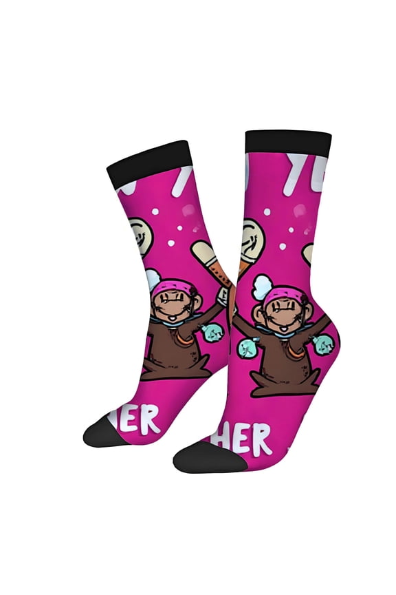Vibrant Pink Cartoon Socks - 2 Pairs of Unisex Trendy Socks with Smiling Monkey & Tooth Designs Perfect for All Seasons