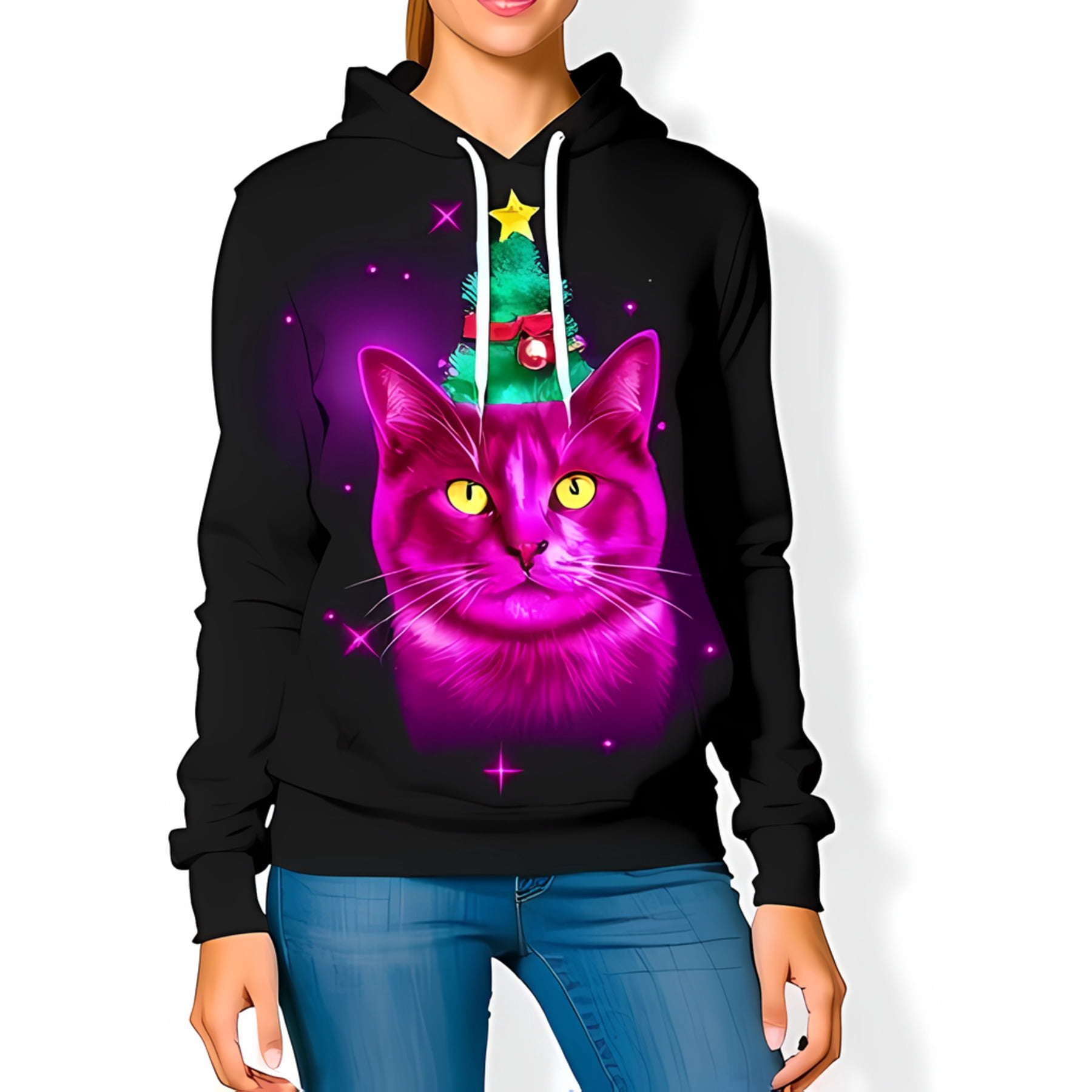 Pink Silhouette Cat Print Hoodie Dress