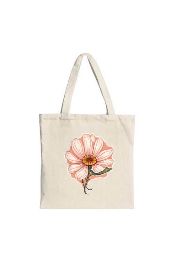 Vibrant Pink Daisy Canvas Tote Bag with Green Leaves - Multifunctional Reusable Shopping Bag for Parties Travel & Shopping