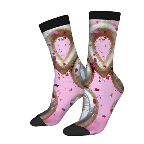 Vibrant Pink Donut Pattern Socks with Gold & Silver Foil 2 Pairs of Trendy Unisex Mixed Color Socks for All Seasons