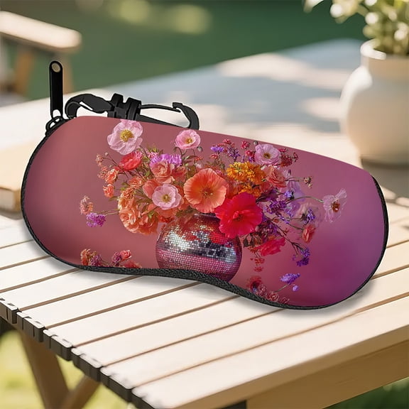 Vibrant Pink Floral  Disco Patterned Eyeglass Case,Ultra-Light Neoprene Soft Shell with Protective Lining & Secure Zipper (Trendy Unisex Design)