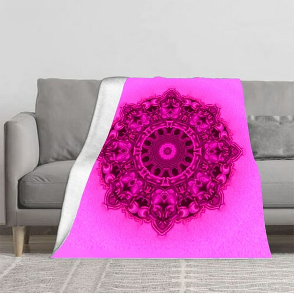 Vibrant Pink Floral Mandala Design Flannel Blanket - Soft Cozy Durable for Sofa Travel Bed and Chair - Perfect Comfort