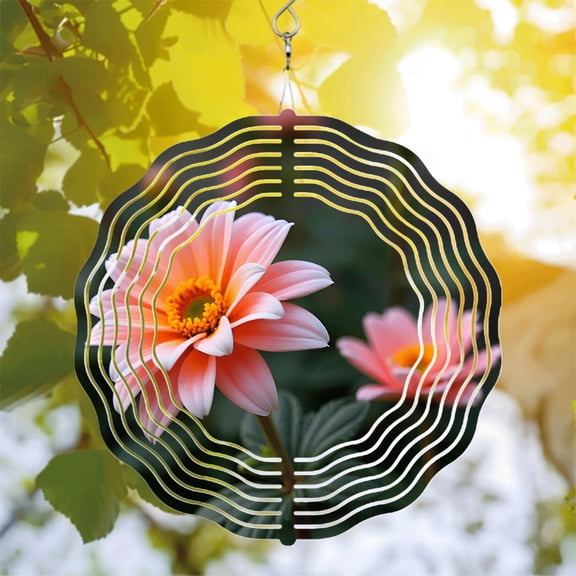 Vibrant Pink Flower Metal Hanging Wind Spinner - Circular Design with Concentric White Lines for Stunning Yard & Garden Decor
