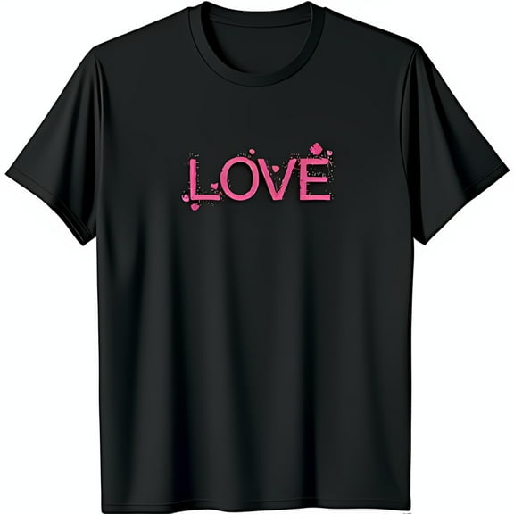 Vibrant Pink Glitter LOVE Graphic Black T-Shirt for Casual Style