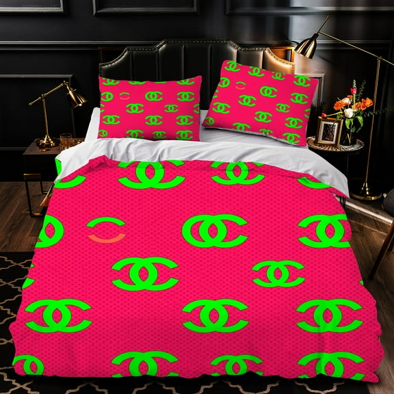 Vibrant Pink & Green 3-Piece Duvet Cover Set with Interlocking Pattern and Polka Dots