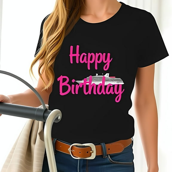 Vibrant Pink 'Happy Birthday' Cruise Ship Graphic T-Shirt for Casual Celebrations - Women's Fashion
