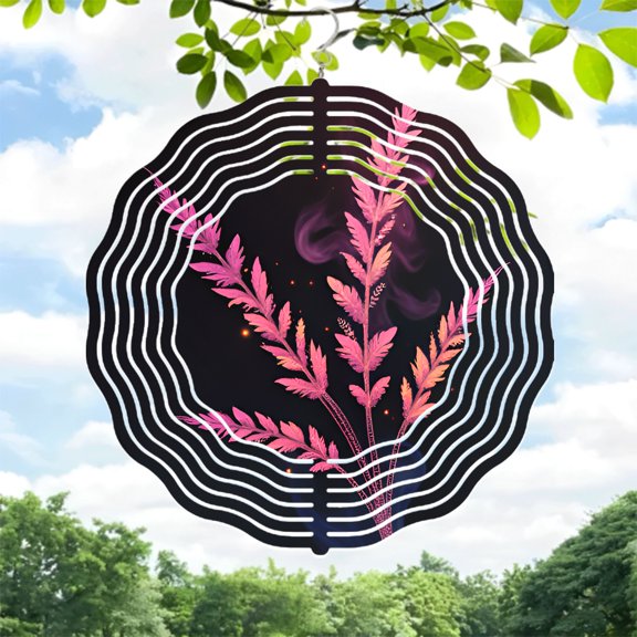 Vibrant Pink & Orange Fern Metal Wind Spinner - Abstract Design with Concentric White Lines for Yard & Garden Decor