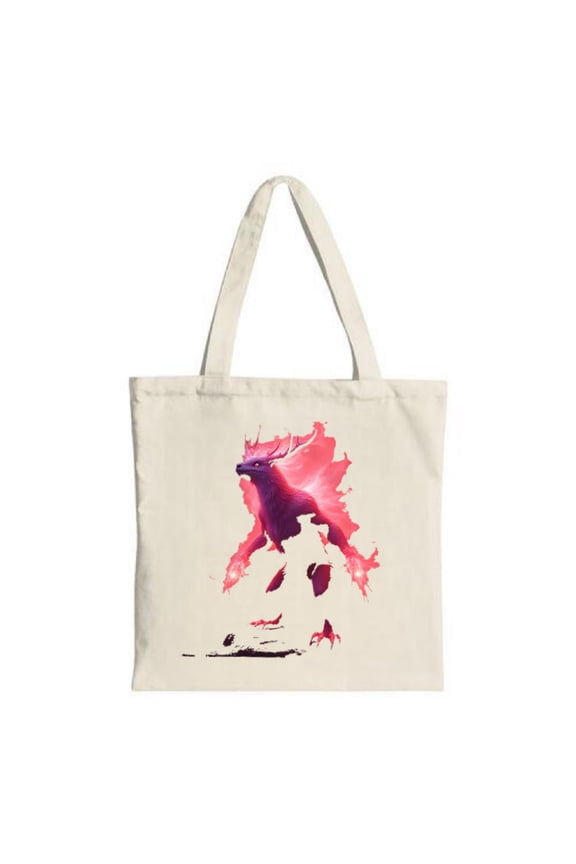 Vibrant Pink & Purple Mythical Stag Tote Bag - Canvas Reusable Perfect for Shopping Travel & Parties Flame - Outlined Design