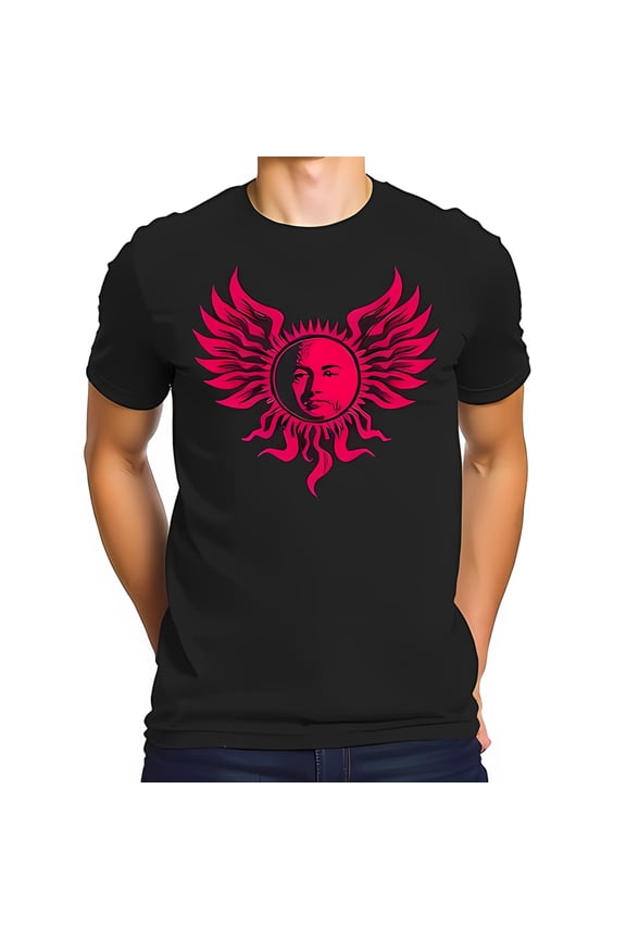 Vibrant Pink Sun Design on Black Cotton Short Sleeve T-Shirt - Bold Graphic Tee for Artistic Expression