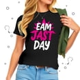 thumbnail image 1 of Vibrant Pink & White Graphic T-Shirt - "EAM JAST DAY" Crew Neck Tee for Casual Summer Style, 1 of 5