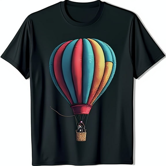 Vibrant Pixelated Hot Air Graphic Black T-Shirt for Adventurers