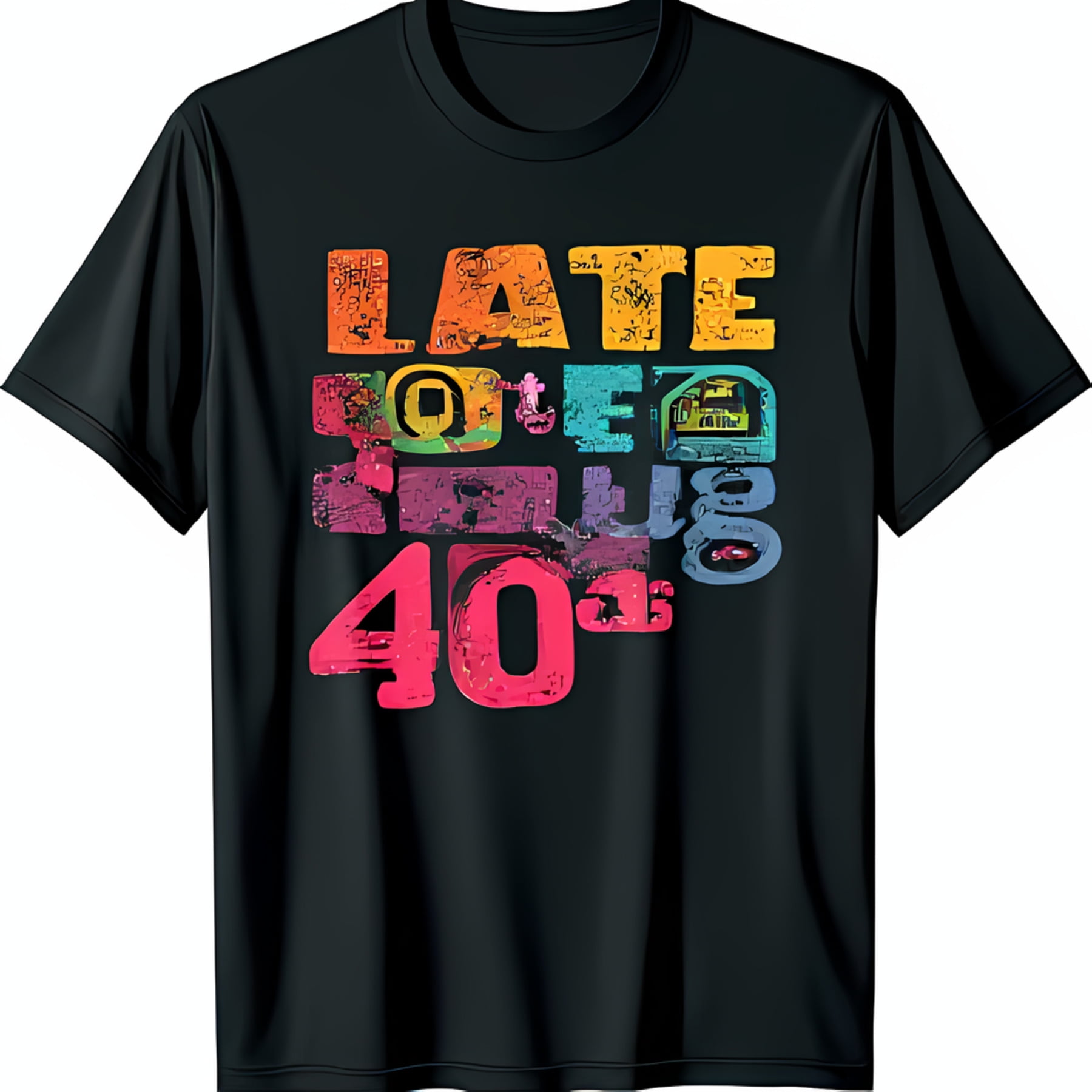 Vibrant Pixelated 'LATE 40's' Black TShirt Modern Block Font Design