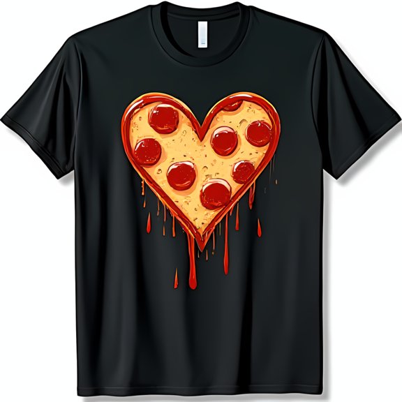 Vibrant Pizza Heart Graphic on Black T-Shirt Fun & Whimsical Design