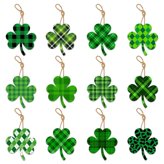 Vibrant Plaid Shamrock Hanging Ornaments Set - St. Patrick's Day Green Clover Decor for Home Party Tree Window Table Irish Themed Holiday Decorations