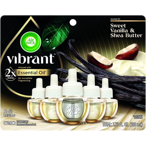 Vibrant Plug In Scented Oil Refill, Infused with Essential Oils, Air Fresheners for Home, Sweet Vanilla & Shea Butter, 5 ct