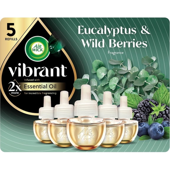 Vibrant Plug In Scented Oil Refill, Infused with Essential Oils, Plug In Air Fresheners for Home, Eucalyptus & Wild Berries, 5 ct