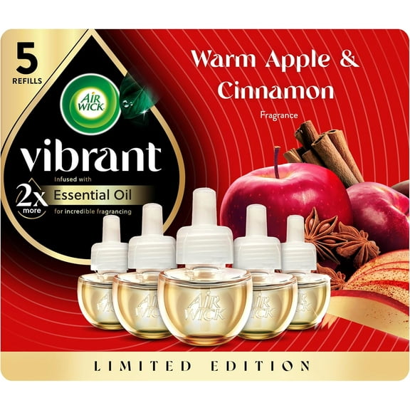 Vibrant Plug In Scented Oil Refill, Infused with Essential Oils, Plug In Air Fresheners for Home, Fall Scent, Fall Dcor, Warm Apple & Cinnamon, 5 ct