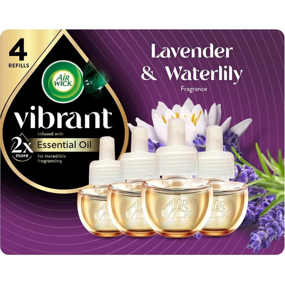Vibrant Plug In Scented Oil Refill, Infused with Essential Oils, Plug In Air Fresheners for Home, Lavender & Waterlily, 4 ct
