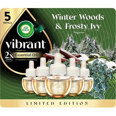 Vibrant Plug In Scented Oil Refill, Infused with Essential Oils, Plug In Air Fresheners for Home, Winter Woods & Frosted Ivy, 5 ct