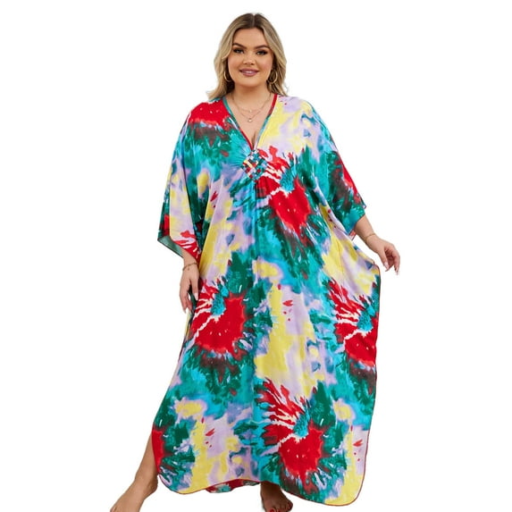 Vibrant Plus Size Dresses For Women V Neck Kaftan Dresses With Handmade Braided Trim Bohemian Beach Dresses Summer Maxi Tunic moomoo H
