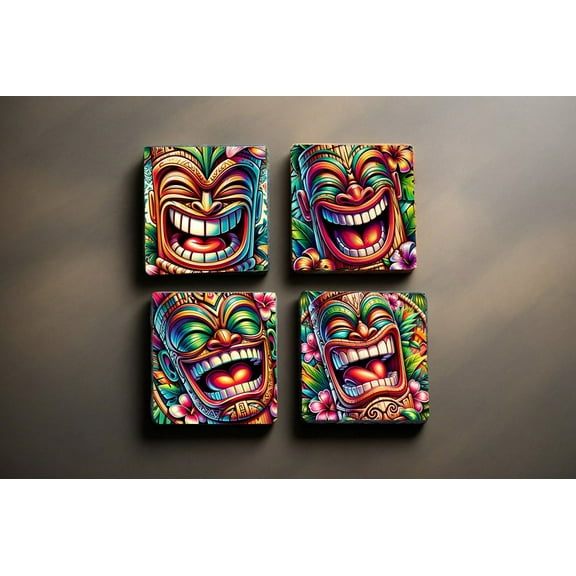 Vibrant Polynesian Tiki Coasters Set | Handcrafted Drink Mats | Tropical Island Vibe Kitchen Gift
