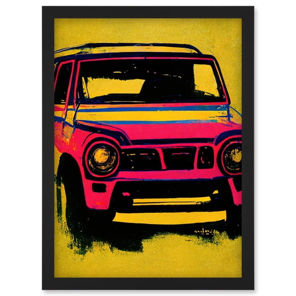 Vibrant Pop Art Car Bumper Hot Pink on Yellow Acrylic Paint Artwork Framed Wall Art Print A4