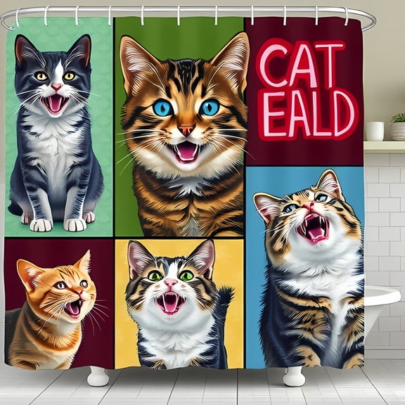 Vibrant Pop Art Cat Shower Curtain Colorful Feline Design with Playful Expressions Fun Bathroom Decor