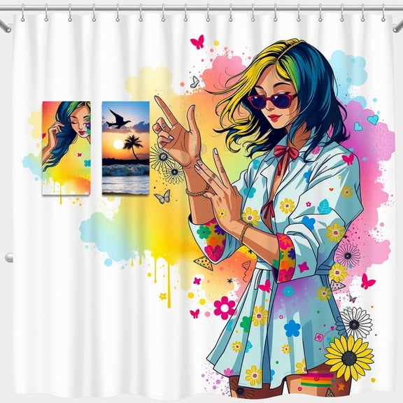 Vibrant Pop Art Shower Curtain - Young Woman Colorful Flowers Butterflies Beach Scene Abstract Watercolor Design