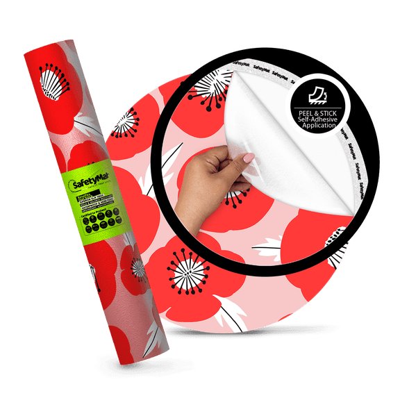 Vibrant Poppy Flower Pattern Shower Mat | Peel and Stick Bathroom Anti Slip Mat Certified for Safety