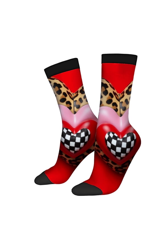 Vibrant Print & Checkered Heart Socks - 2 Pairs of Trendy Unisex Socks with Red Base & Playful Gradient Design
