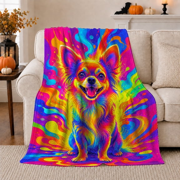 Vibrant Psychedelic Chihuahua Dog, Playful Pet Portrait Pattern, Warm Flannel Blanket for Living Room and Reading Nook, Dog Lovers Friendship Gift, Pet Lover Home Decor