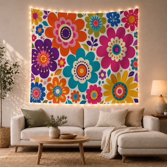 Vibrant Psychedelic Flowers Set Against a White Background, Nostalgic Boho for College Students, Large Wall Art Decor, Birthday Gift Tapestry Wall Hanging for Dorm and Living Room