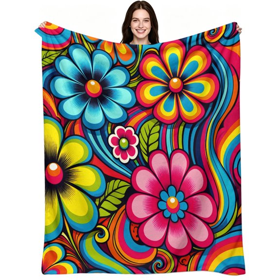 Vibrant Psychedelic Groovy Flowers Throw Blanket, Soft Warm Flannel Fleece, Retro Groovy 70s, Throw Blanket, Cozy Warm, Home Decor, Couch Sofa Bed, Gift