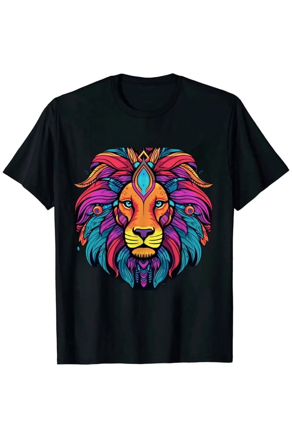 Vibrant Psychedelic Lion Head Graphic Unisex Short Sleeve Casual Tee Shirt