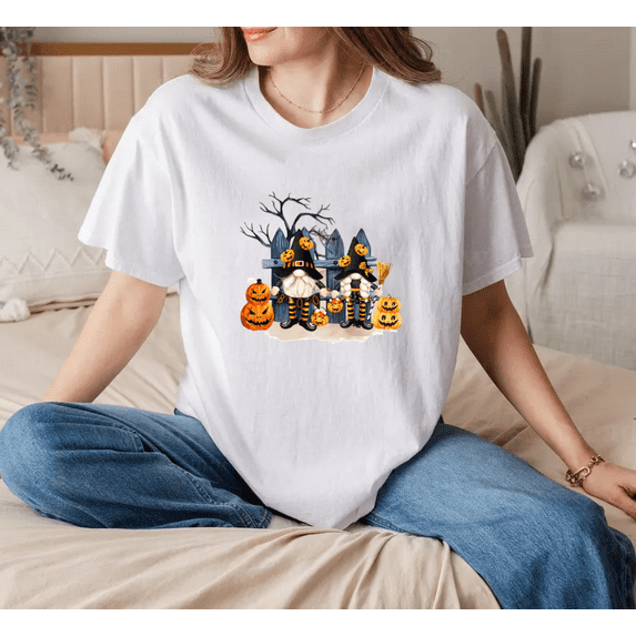 Vibrant Pumpkin Witch Hat and Gnome Cartoon Casual Graphic Print Fun Unisex T-Shirt, for men & women, up to size 5XL