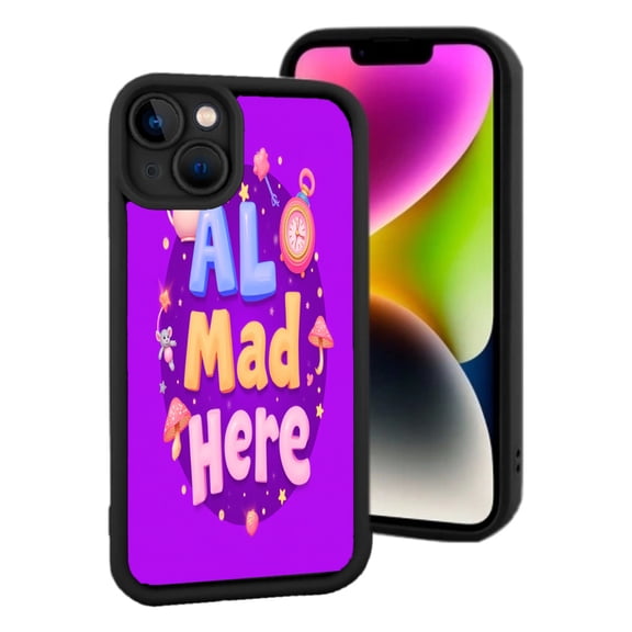 Vibrant Purple ' AL Mad Here ' iPhone 15 Case - Lightweight Yellowing Resistant Whimsical Design with Stars Clock and Mushroom