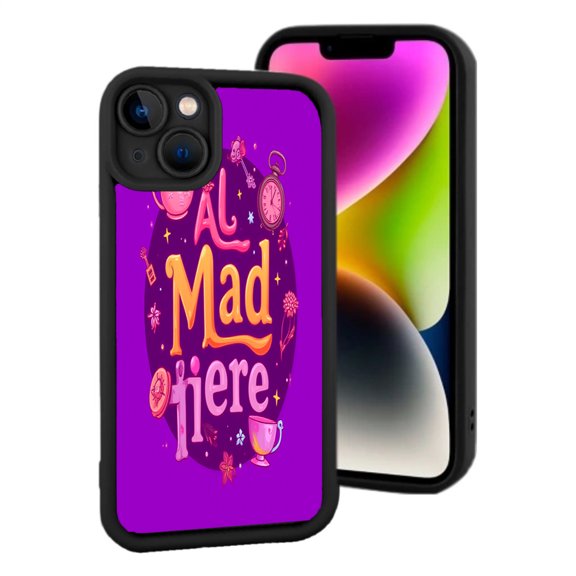 Vibrant Purple ' Al Mad I ' ere ' iPhone 15 Case - Lightweight Yellowing Resistant Whimsical Design with Clock Teacup & Stars