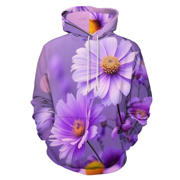 Vibrant Purple Daisy Flowers Men's Women Vintage 3D Hooded Sweatshirt - All-Season Loose Fit Streetwear