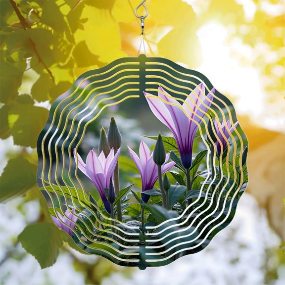 Vibrant Purple Flower Metal Wind Spinner with White Streaks - Artistic Garden Decor for Depth & Harmony in Your Yard