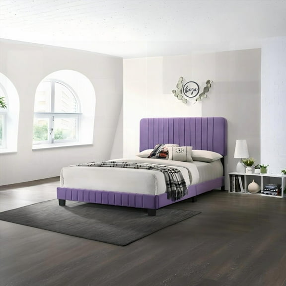 Contemporary Full-Size Bed in Purple with Robust Wooden Legs and Slats
