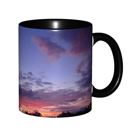 Vibrant Purple Pink Sunset Clouds Dark Tree Silhouette Line Dusk Rural Sky Ceramic Mug 11oz, Dreamy Colorful Twilight Country Cloudscape Cup, Microwave Safe Gift for Sunset & Aesthetic Sky Fans