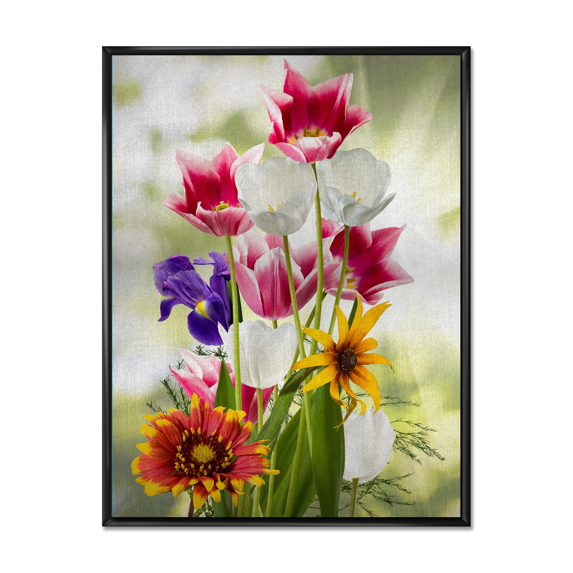 Vibrant Purple Red and Yellow Wildflowers 30 in x 40 in Framed Painting Canvas Art Print, by Designart