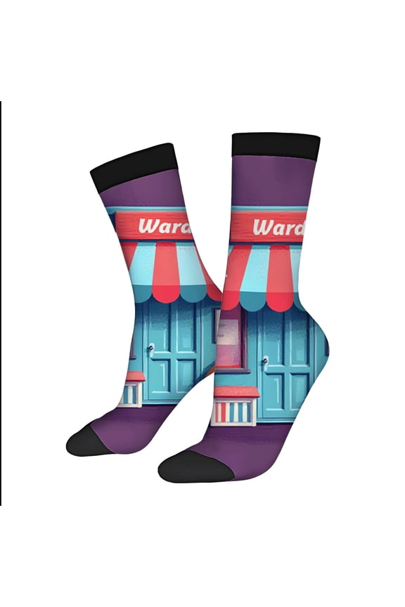 Vibrant Purple Socks with Colorful Storefront Design Red & Blue Awning Unisex Trendy Style - 2 Pairs of Four Seasons Universal Socks