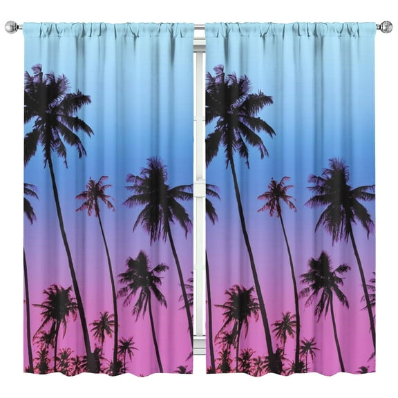 Vibrant Purple Sunset Kitchen Curtains - 2 PCS 42x84 Inch Tropical Beach Palm Tree Tier Panels