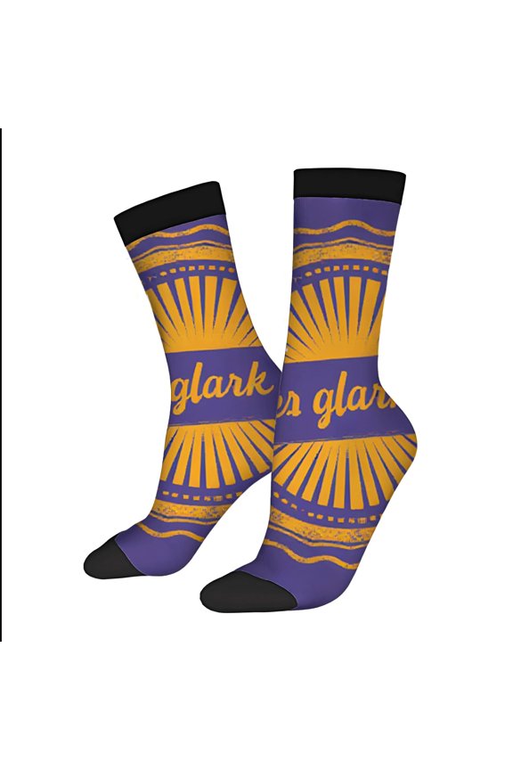 Vibrant Purple & Yellow Ray Pattern Socks - 2 Pairs of Unisex Trendy Socks with ' Glark ' in Cursive Perfect for All Seasons