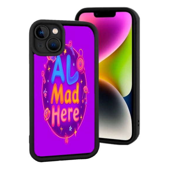 Vibrant Purple iPhone 15 Case - ' AL Mad Here ' Colorful Design with Whimsical Illustrations Lightweight & Yellowing Resistant